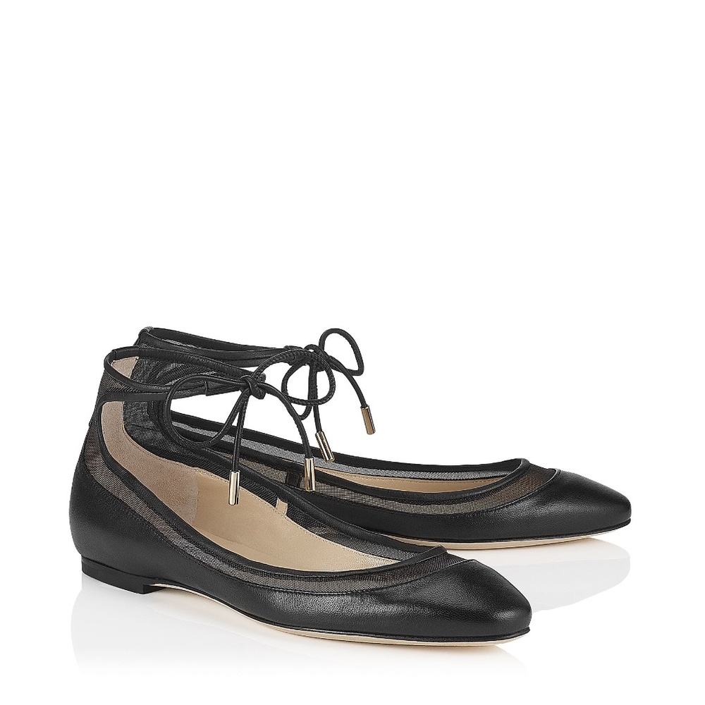 JIMMY CHOO Ballet Flats Black Leather Tyler Mesh